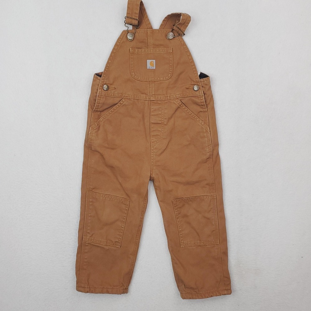 Carhartt Overalls Boys 3T Brown Flannel Lined Canvas Bib Pants Double Knee Front